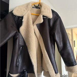 Zara Dark Brown Leather Jacket with Cream Shearling